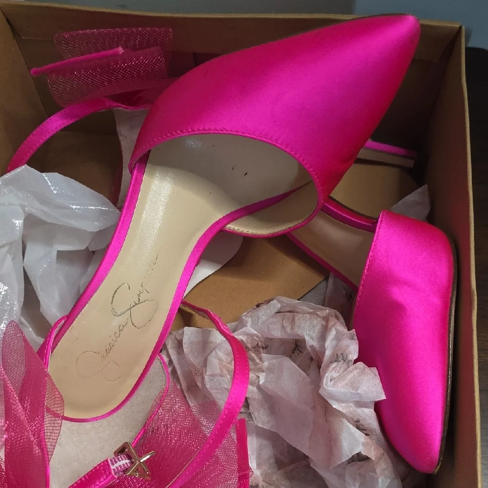 Jessica Simpson Hot Pink Satin Bow Ankle Strap Heels - Picture 2 of 5